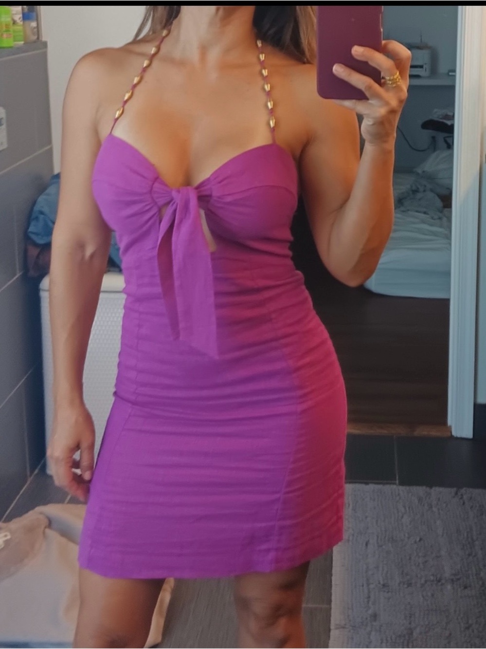 Backless Tie-Front Halter Mini Dress - Magenta